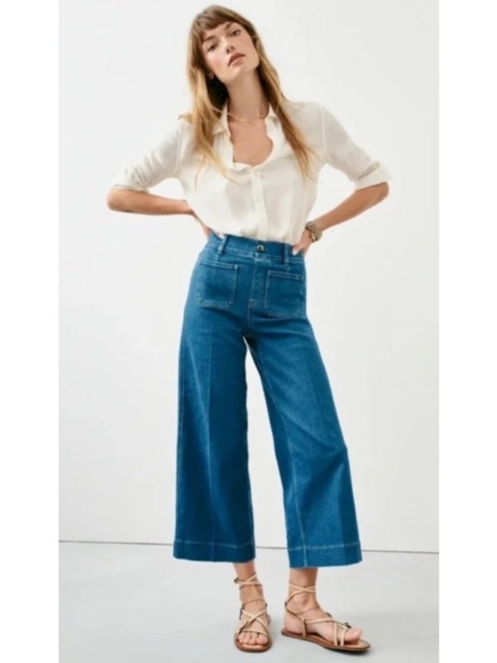 NEW Spanx Wide-Leg Cropped Pull-On High-Rise Washed Blue Jeans Large Casual
